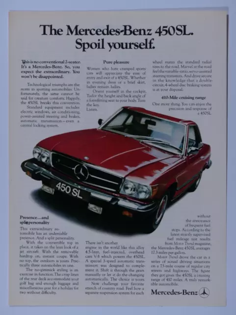 1974 Mercedes Benz 450 SL Vintage Red Spoil Yourself Original Print Ad 8.5x11"