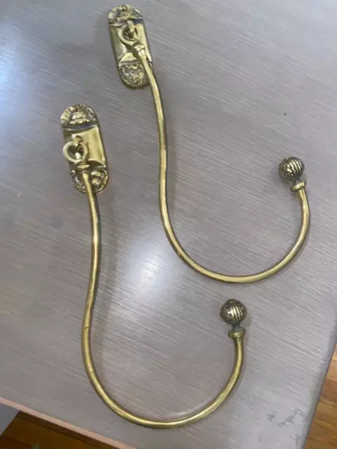 Pair Vintage Brass Large Ornate Hollywood Regency Curtain Hook,Hold Back,Tieback