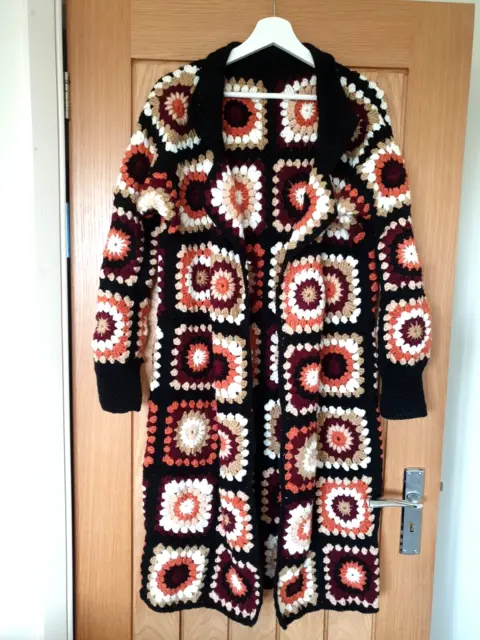 ❤ vtg hand crochet knitted ethnic cardigan jacket boho arty hippy granny square
