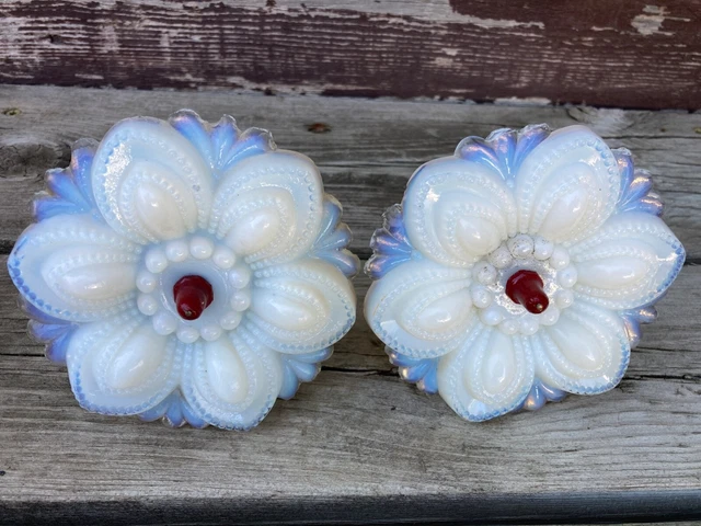 Pair of 2 Large White Opalescent Sandwich Glass Curtain Tie Backs 4.25"