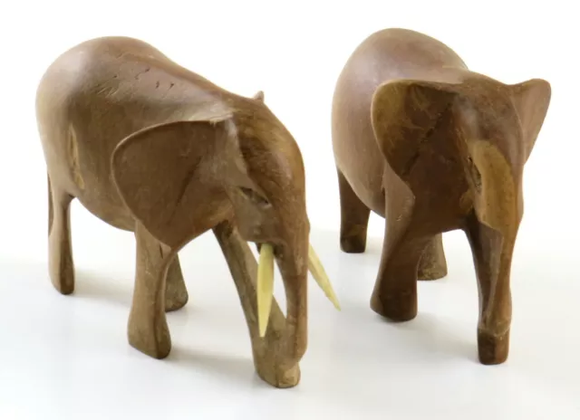 Lot of Two Rustic Hand Carved Wooden Elephant Figurines, Read