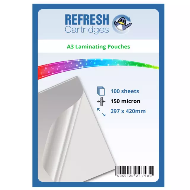 Refresh Cartridges Glossy Laminating Pouches A3 150 Micron Pack of 100 Sheets