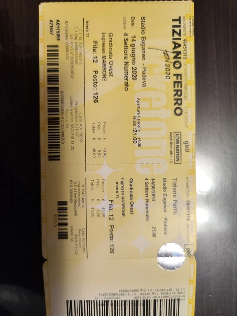 PADOVA 1 Biglietto Concerto Tiziano Ferro 14 Luglio 2023 - NON NOMINATIVO