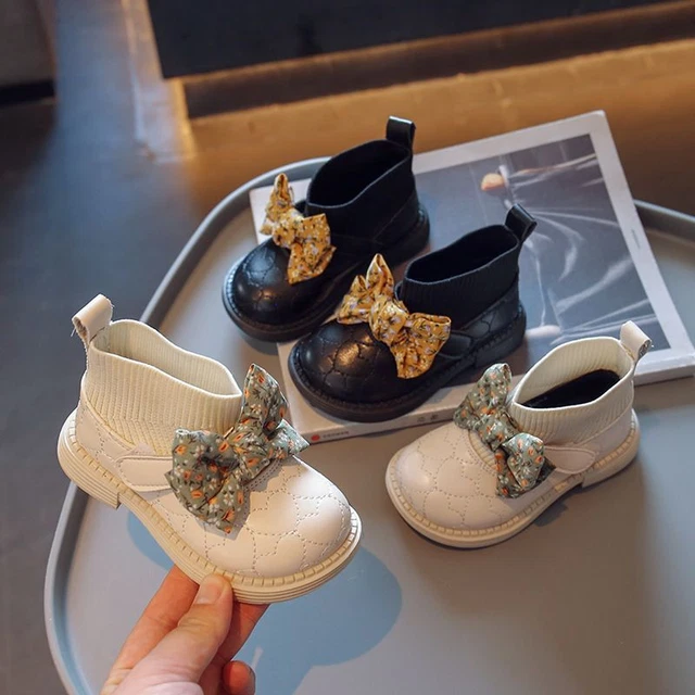 Stivaletti caldi principessa fiocco neonato scarpe foderate in pelliccia scuola bambine