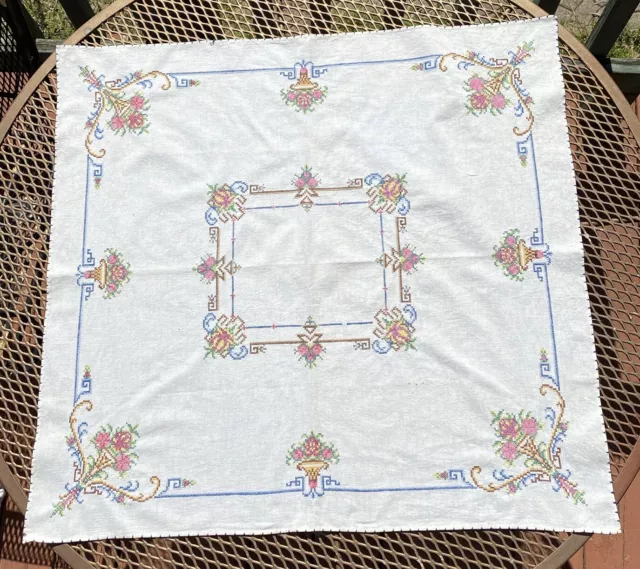 Vintage Hand Embroidered Floral Linen Square Tablecloth