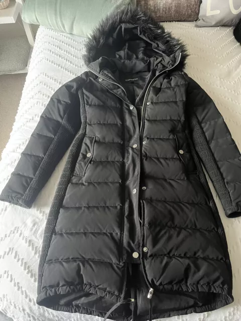 Express Long Black Puffer Jacket Coat With Fur Trim Hood Size XXS