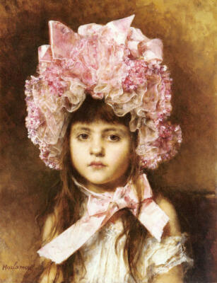 Oil painting Alexei-Harlamoff-The-Pink-Bonnet beautiful young girl portrait art
