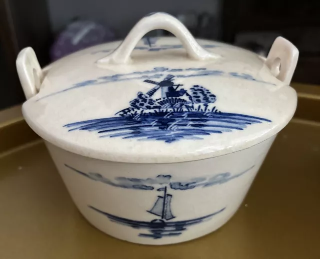 Celebrate Blue White Porcelain Bowl W Lid Butter Dish Windmill Delft Style