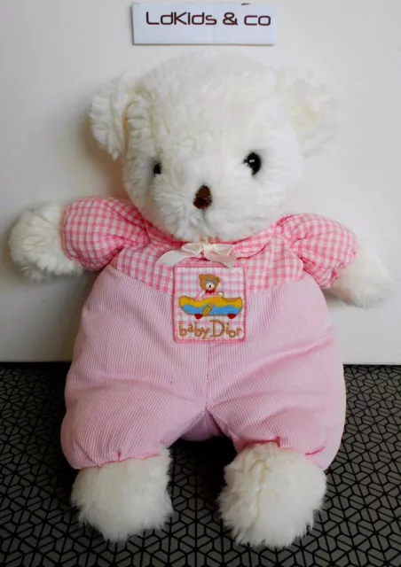 DOUDOU PELUCHE BABY DIOR OURS BLANC ROSE VICHY CARREAUX  30 cm D1515