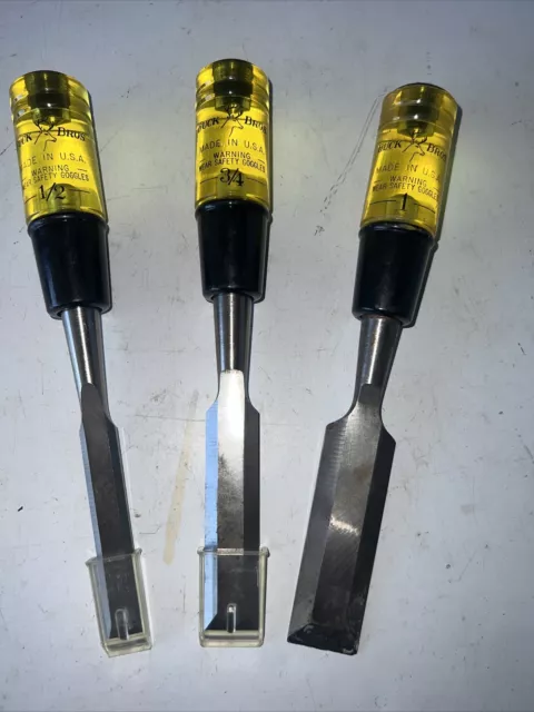 set of 3 Vingtage Buck Bros Made in USA beveled edge chisel 1/2" 3/4" 1"
