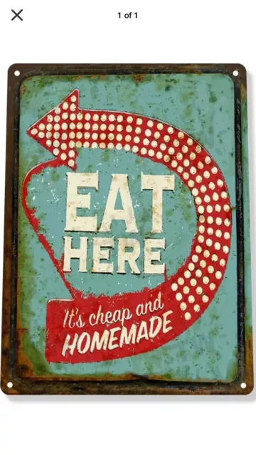 TIN SIGN "Blue Eat Here” Rustic Decor Vintage Cafe Diner Farm Mancave Diner Cafe