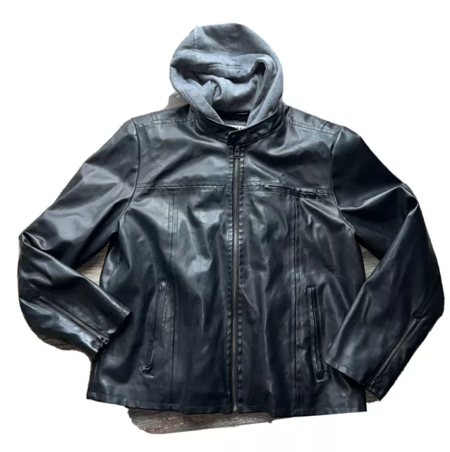 Levi’s Men’s Bomber Biker Jacket Black Faux Leather Fleece Lined Hooded Sz XL
