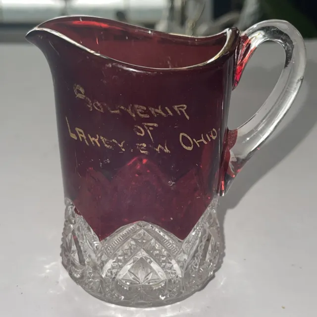Antique Souvenir Lakeview,OH EAPG Ruby Red Red Flash Glass Creamer Mini Pitcher