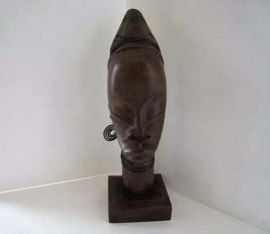 Vintage Hand-Carved Solid Wood  African Tribal Art Head Bust Figure 7.5"