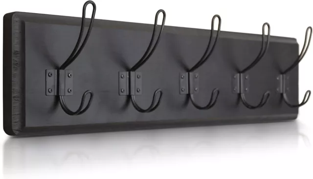 5-Hook Black Rustic Farmhouse Solid Pine Wood Wall Mounted Coat Rack Hanger 24"