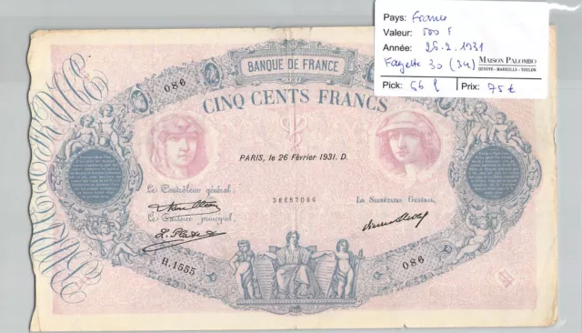 BILLET FRANCE - 500 Francs - 26/2/1931 - Fayette 30(34) Pick 66l - N°086