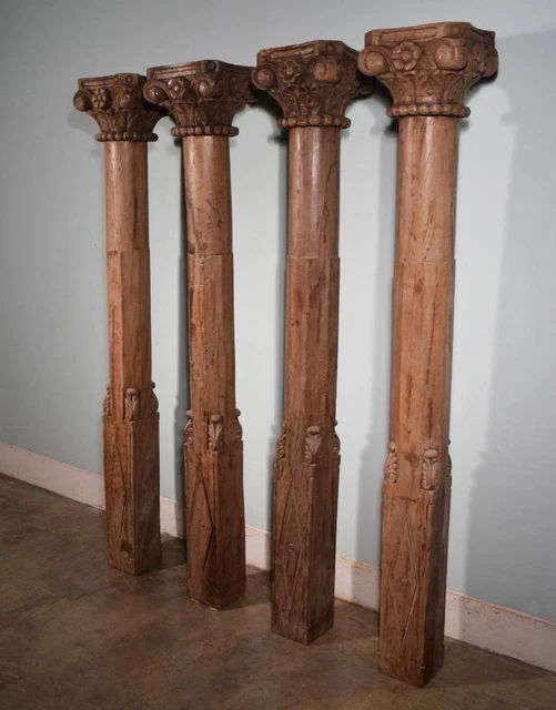 *78" Tall Antique Set of 4 Anglo Indian Teak Columns or Pillars w/Deep Carvings