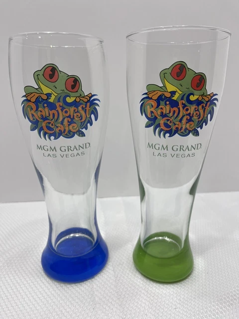 2 Rainforest Cafe 9" Pilsner Beer Glass Frog Logo Las Vegas Green and Blue Bases