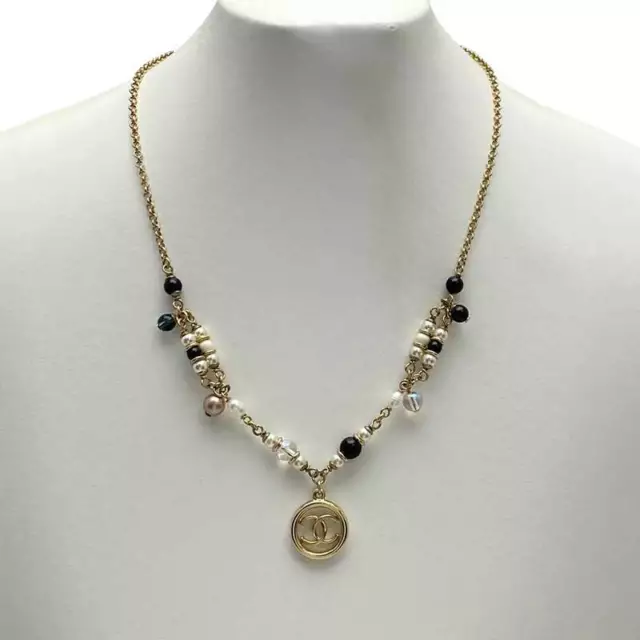 CHANEL A17C COCO Mark Star Pearl Long Necklace Gold X White