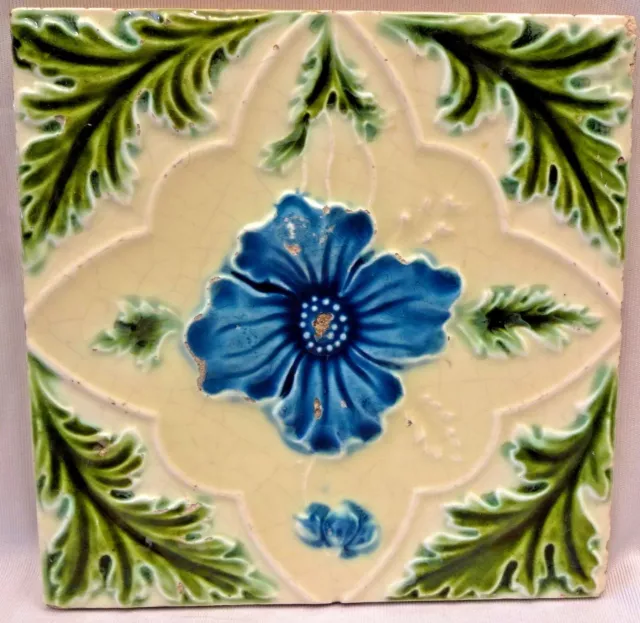 Antique English Tile Majolica Flower Motif Design Ceramic Architecture Rare "160