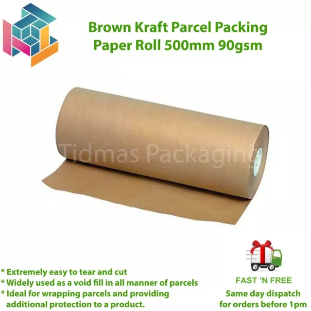 Brown Kraft Parcel Packing Paper Roll 500mm 90gsm now with dispenser option!!