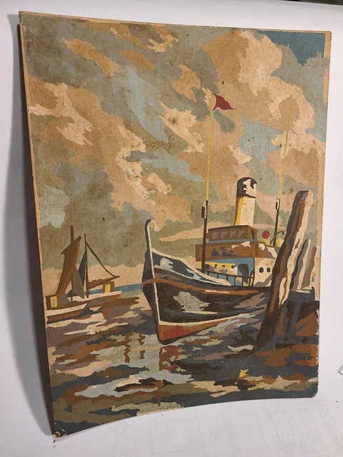Old Ship Painting Oil on Board, Nautical, Folk art, Decrative, Unframed Viintage 2
