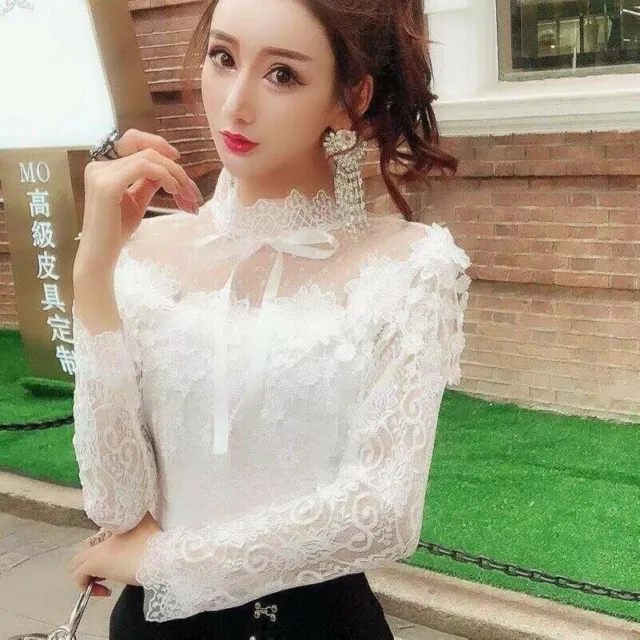 Ruffels Lady Lace Shirt Tops Pullover Blouse Hollow Mesh T-shirt Embroidery