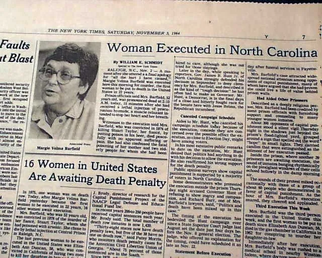 Killer VELMA BARFIELD 1st Woman Execution by Lethal Injection 1984 old Newspaper