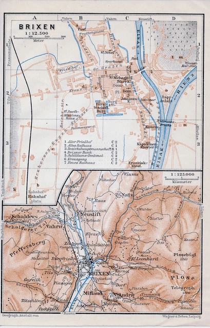 BRIXEN BRESSANONE 1910 kl. orig. Stadtplan/Karte + Reisef. (2 S.) Vahrn ...