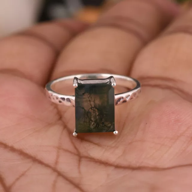 Rectangle band ring with moss agate 925 sterling silver gemstone ring in texture