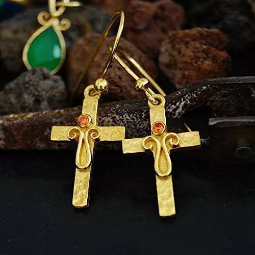 Omer 925 Silver Ancient Roman Art Handmade Cross Gold Earrings W/ Orange Topaz