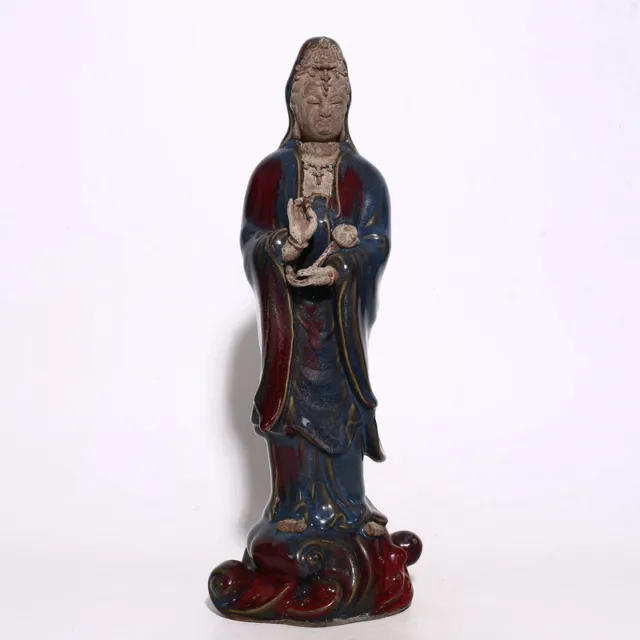 17.7" Old Porcelain Song dynasty jun kiln cyan glaze Fambe guanyin Buddha statue