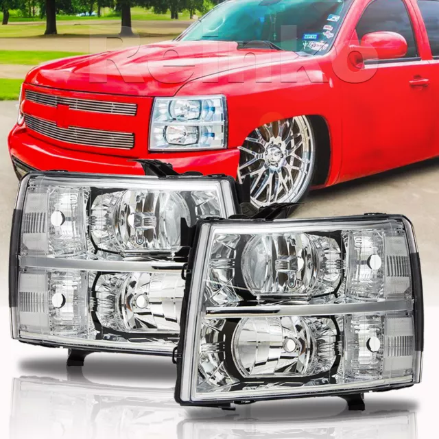 Fit For 07-14 Chevy Silverado 1500 2500 3500 HD Headlights Clear Chrome