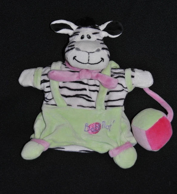 Doudou Marionnette Zèbre BABY'NAT BABYNAT Blanc Noir Vert Ballon Balle NEUF