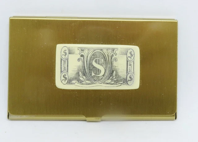 Scrimshaw Dollar Money Bill Faux Business Card Holder Brass