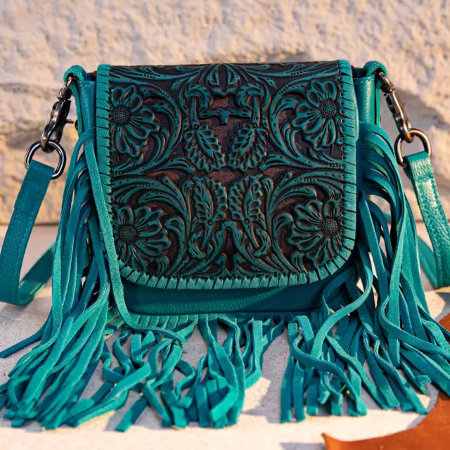 Montana West Genuine Leather Tooled Collection Fringe Crossbody Turquoise