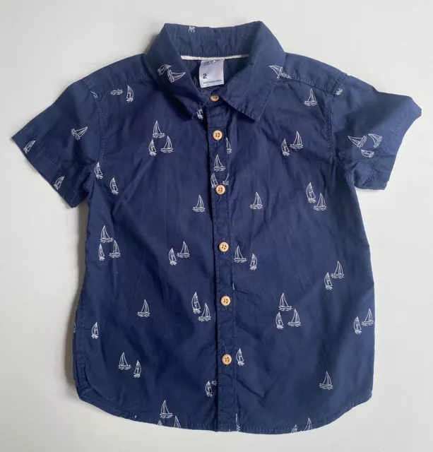 Anko kids boys toddler size 2 navy blue short sleeve button up shirt boats, VGUC