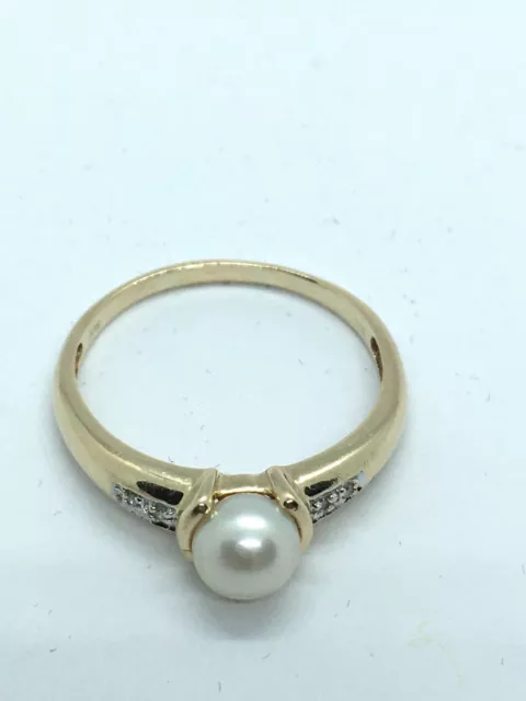9Ct Yellow Gold With 6Mm Pearl With 4 Diamonds Ring 10 Us U Uk 2.52G