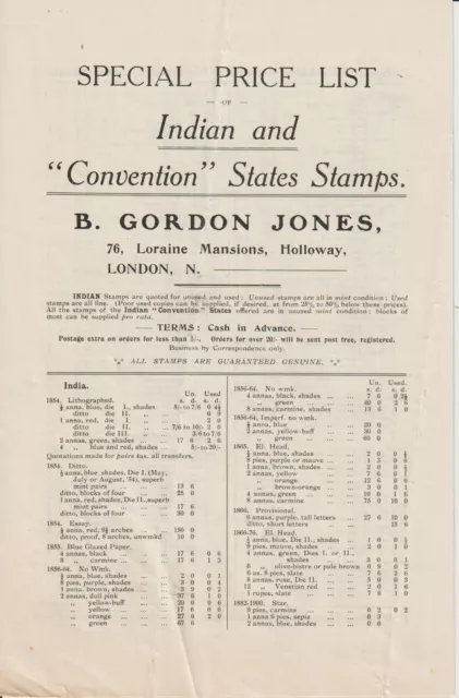 " B. GORDON JONES " INDIAN STATES STAMPS  c.1912 SALES PRICE LIST