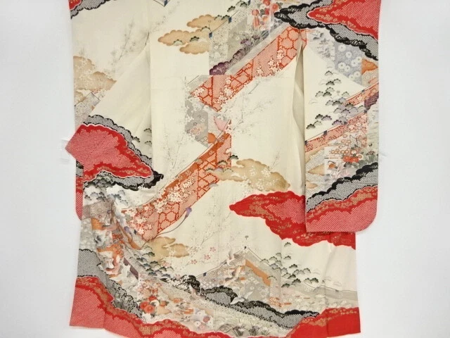 39743# Japanese Kimono / Antique Furisode / Embroidery / Shibori / Cranes &