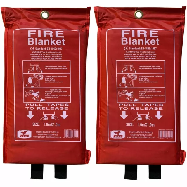 2 x Quick Release Home & Office Safety Large Fire Blanket In Case 1m x  1m RED