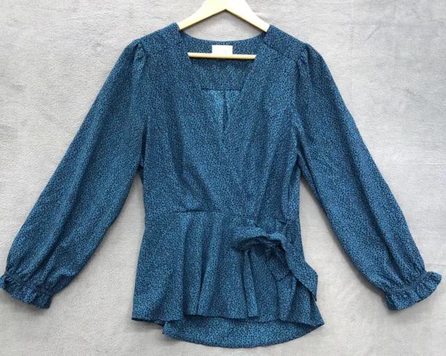 Meraki Wrap Blouse Large Blue Black Dots Ruffle Sleeves Tie Business Career