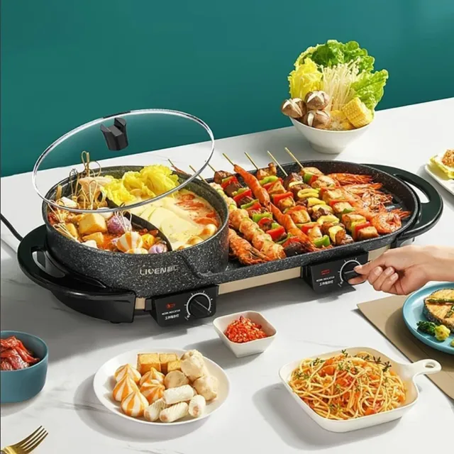 Electric Grill with Hot Pot Teppanyaki BBQ Shabu Shabu 3.6L Capacity Cookware