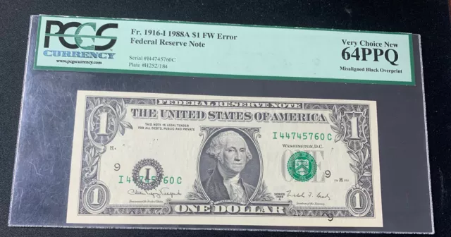 1988A $1 Dollar FW Error Federal Reserve Note PCGS 64 Misaligned Black Overprint