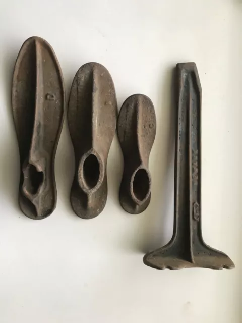 Antique Cobbler Warranted 3 Cast Iron Shoe Forms, Newark 12” Stand