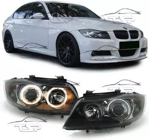 Fari Anteriori Led Angel Eyes Nero Per Bmw E90 E91 05-08 Serie 3 Fanali