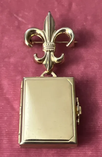 Coro Vintage Gold Tone Book Style Locket Brooch Pin Fleur De Lis