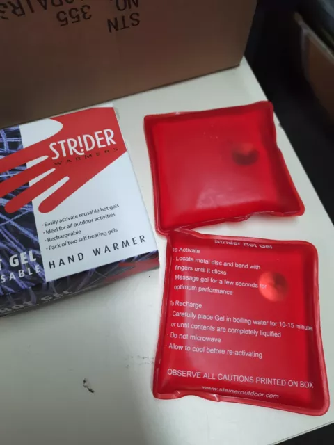 Pack of 2 Strider Self-Heating Gel Hand Warmers Reusable Rechargeable New Boxed