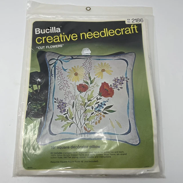 Kit de costura de crewel Bucilla Needlecraft Crewel de colección década de 1970 #2186 flores de almohada *+