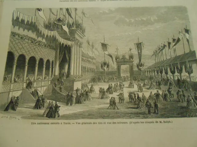 Gravure 1863 - Tir Nationaux ouverts à Turin Italie